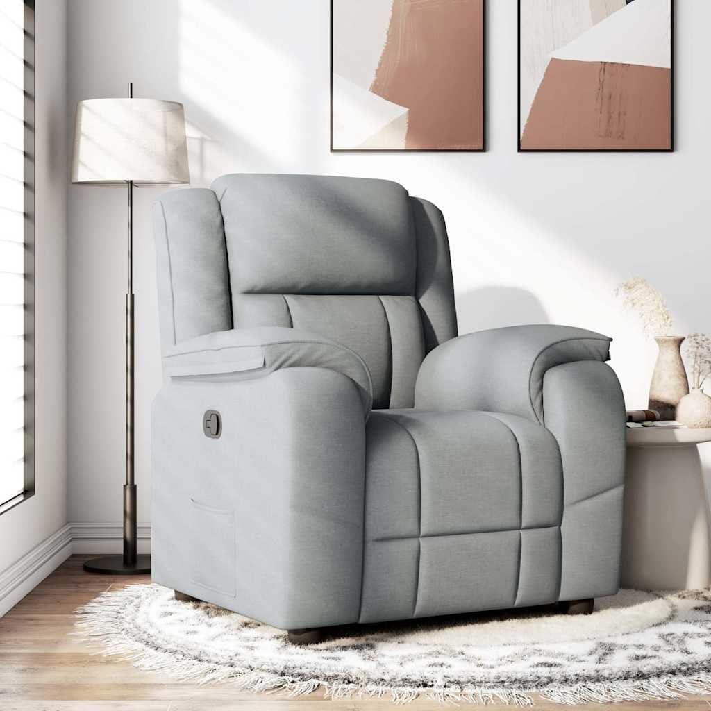 Fotel relaksacyjny, jasnoszary, materiał z ręczną funkcją leżenia, wygodny fotel tapicerowany do salonu i biura, ergonomiczne krzesło do czytania i relaksu, stabilna konstrukcja z drewna i