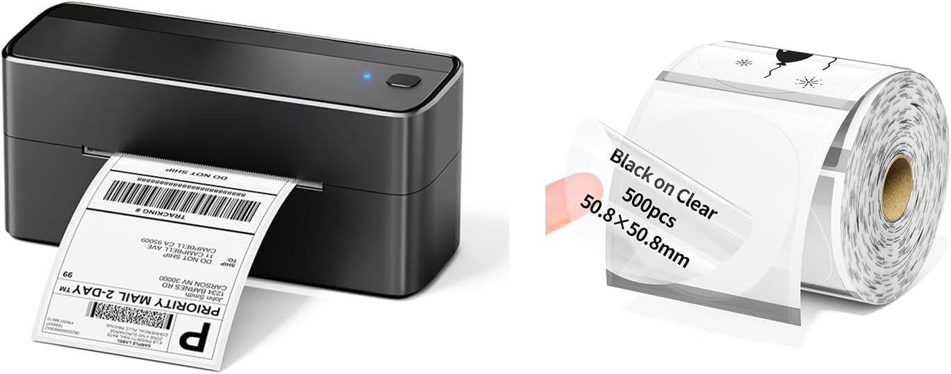 Phomemo Bluetooth Shipping Label Printer, 241BT 4X6 Wireless Thermal Label Printer for Small Business, Labels Printers for Shipping Package with 2x2 500pcs Transparent Thermal Labels