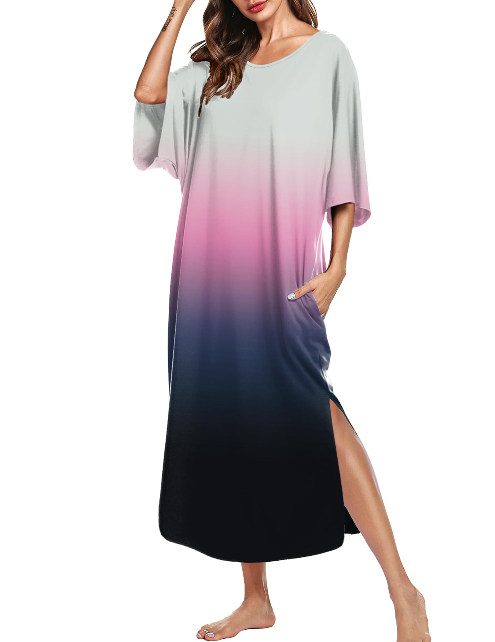 Ekouaer Women's Nightgown Short Sleeve Sleepshirt Long Loungewear Casual Maxi Lounge Dress House Dresses with Pockets