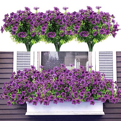 katflyee UV Resistant Artificial Outdoor Flowers, 12 Bundles Fake Outdoor Silk Flowers Fade Resistant Faux Flowers Plants for Outside Planters, Window Box, Porch Decor-Purple