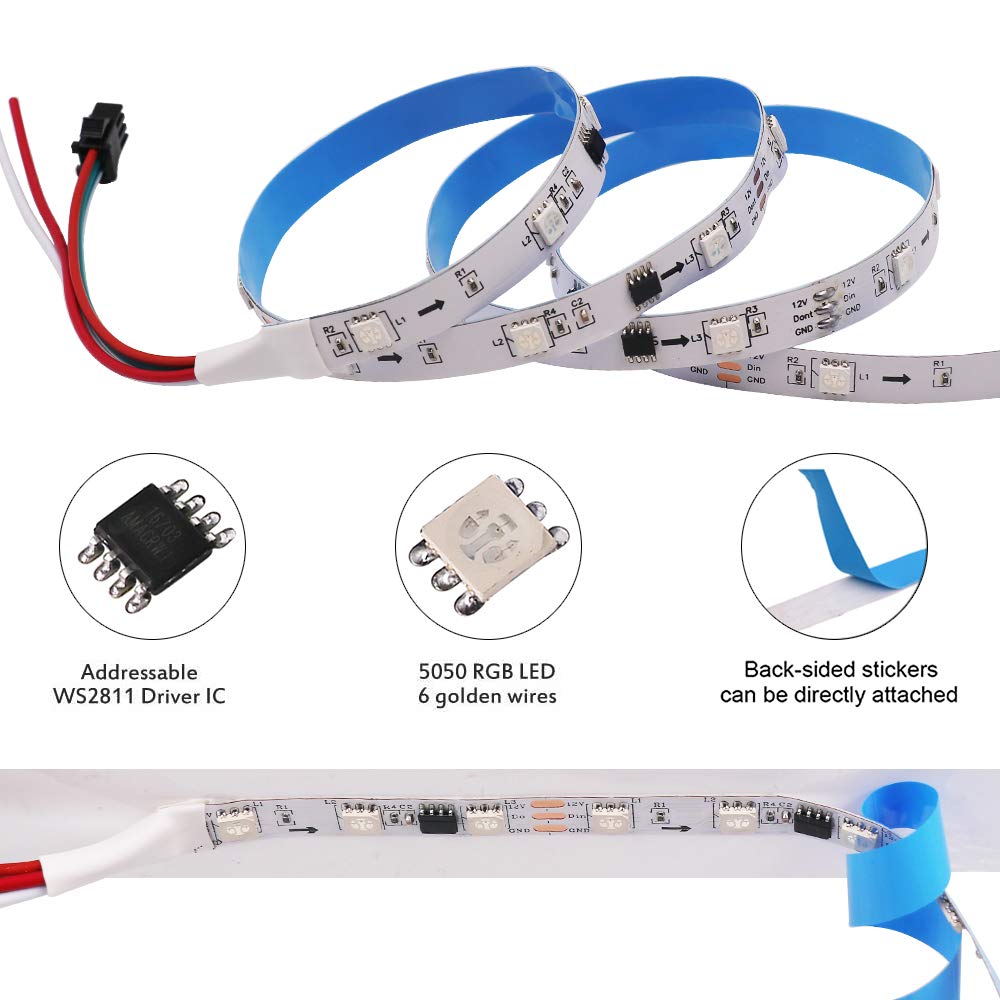 XUNATA Kit de Tira de LED RGB de Música y Bluetooth de 12 V- Dream Full Color WS2811 30LEDs/m Tira de Luz Autoadhesiva, Control Remoto, Fuente de alimentación (15m, Impermeable)