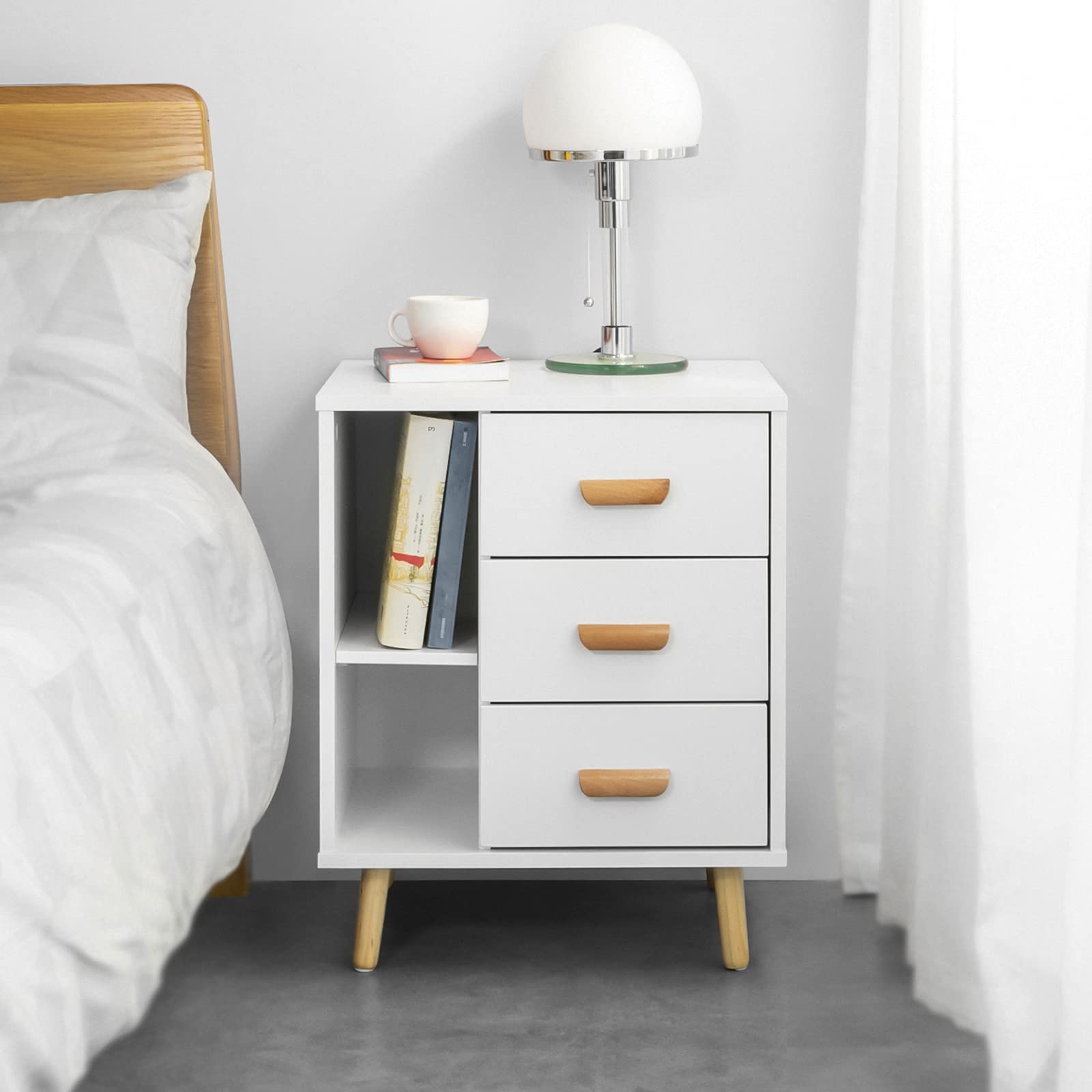 SoBuy Mesita de Noche con 3 Cajones y 2 Estantes 48x40x60cm | Mesa auxiliar moderna con almacenamiento para dormitorio, blanco FBT95-W