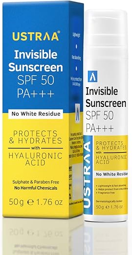 Ustraa Invisible Sunscreen – SPF 50 & PA+++ | 50ml | No White Residue | Lightweight & Fast Absorbing | with Hyaluronic Acid | For Men & Women |…