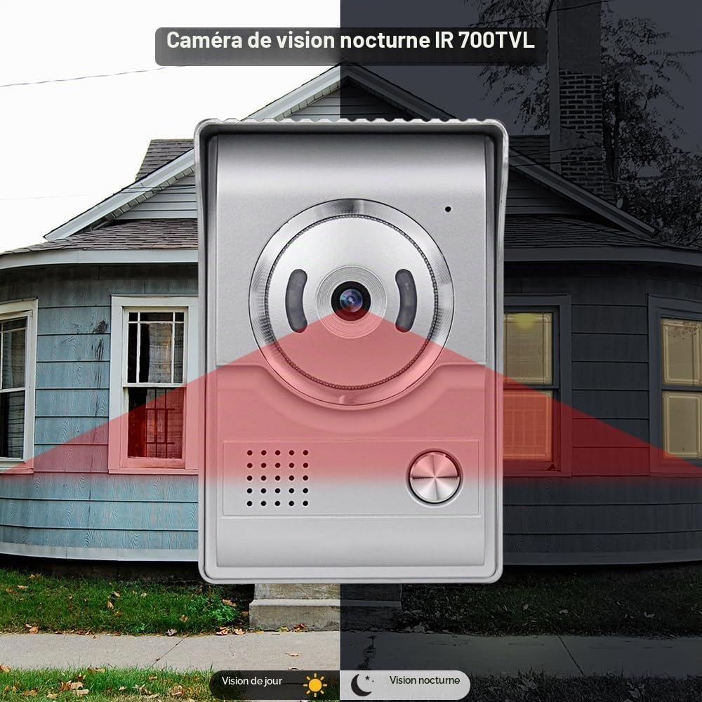 Système Interphone de Sonnette Vidéo Filaire de Couleur de 7 Pouces avec 2 Moniteurs, 90° 700TVL Caméra Sonnette IR Vision Nocturne, Audio Bidirectionnel, Surveillance, Déverrouillage