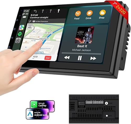 Estéreo de coche doble DIN de 7 pulgadas con CarPlay inalámbrico y Android Auto - Android 13 pantalla táctil, Bluetooth 4.1, 2GB+32GB, GPS, 25W AMP
