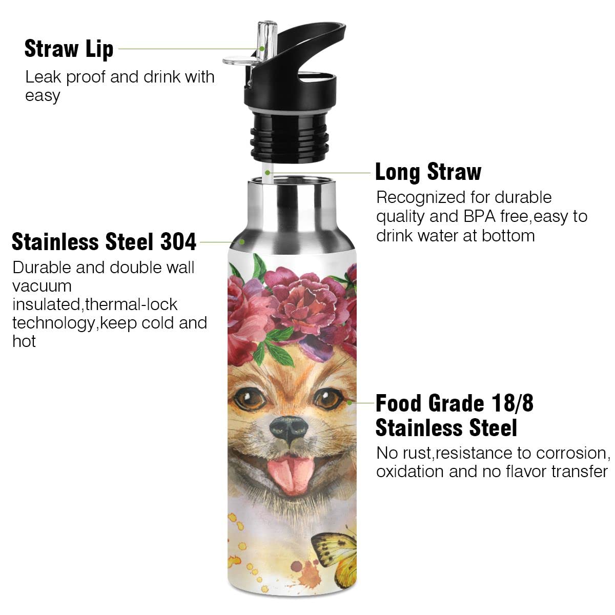 Edelstahl Wasserflasche mit Strohhalm, niedlicher Hund isolierte Trinkflasche Sport Wasserflasche für Kinder Erwachsene, auslaufsicher, 1L