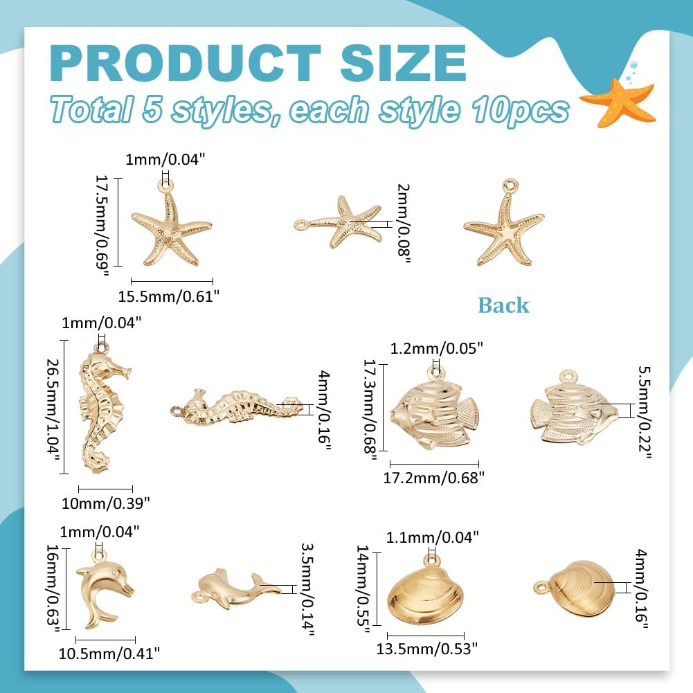 PH PandaHall 50pcs Ocean Theme Charms 5 Styles 304 Stainless Steel Seashell Charms Golden Sea Animal Pendants Dolphin Seahorses Charms Fish Charms for Summer Bracelet Necklace Keychain Jewelry Making - Image 2
