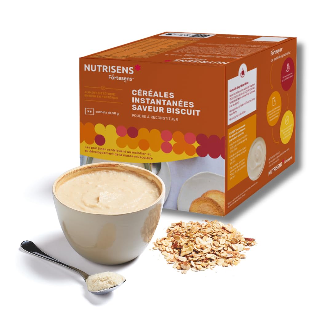 NUTRISENS - Porridge Protéiné - Saveur Biscuit - Sachets 50g | 27g de protéines / 100g - 12 vitamines et minéraux. Petit-déjeuner ou collation idéal pour sportifs, adultes et seniors.