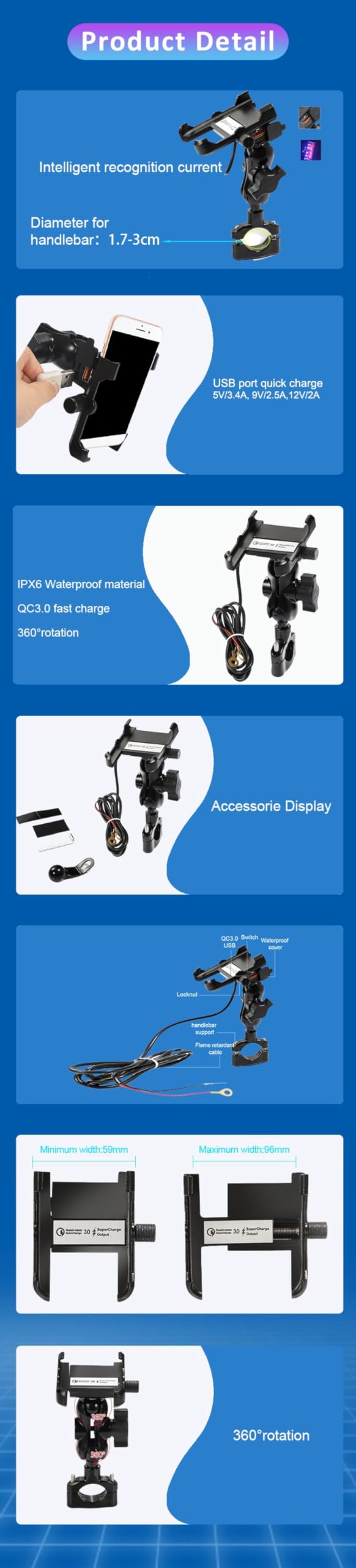 VAKIRA Uchwyt na telefon komórkowy do motocykla, port USB, szybkie ładowanie Qc 3.0, wodoodporna, bezprzewodowa ładowarka na kierownicę, uchwyt do ładowania telefonu 11 bezprzewodowa ładowarka do poja