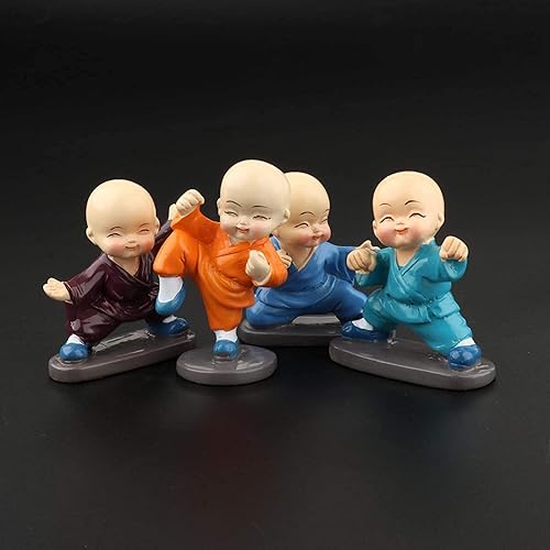 Miniatura 5 de Paquete de 4 estatuas de monje de resina de Buda, figuras de monjes pequeños, escultura de monje Kongfu para decoración de tablero de automóvil,