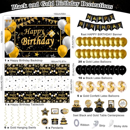 Black and Gold Birthday Decorations, Brithday Party Decorations for Men Boys Women Girls with Black Gold Happy Birthday Banner Decorations Tablecloth Backdrop Balloons Arch Bady Party Supplies
