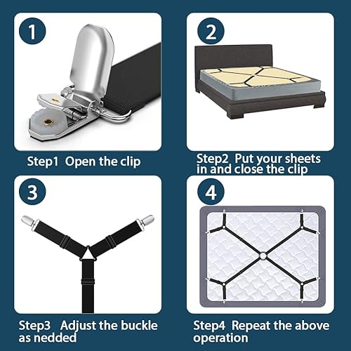Miniatura 3 de Correas de cama, sujetadores, clips de sujeción, forma triangular, soporte de esquina ajustable entrecruzado para individual/Queen/King, negro