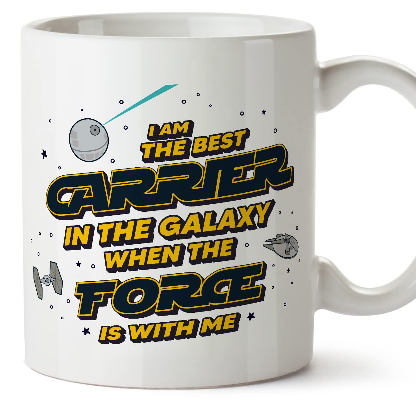 MUGFFINS Carrier Mug - in English - Best in The Galaxy The Force is with Me - Funny Gift for Colleagues - Ceramic 11oz Mug