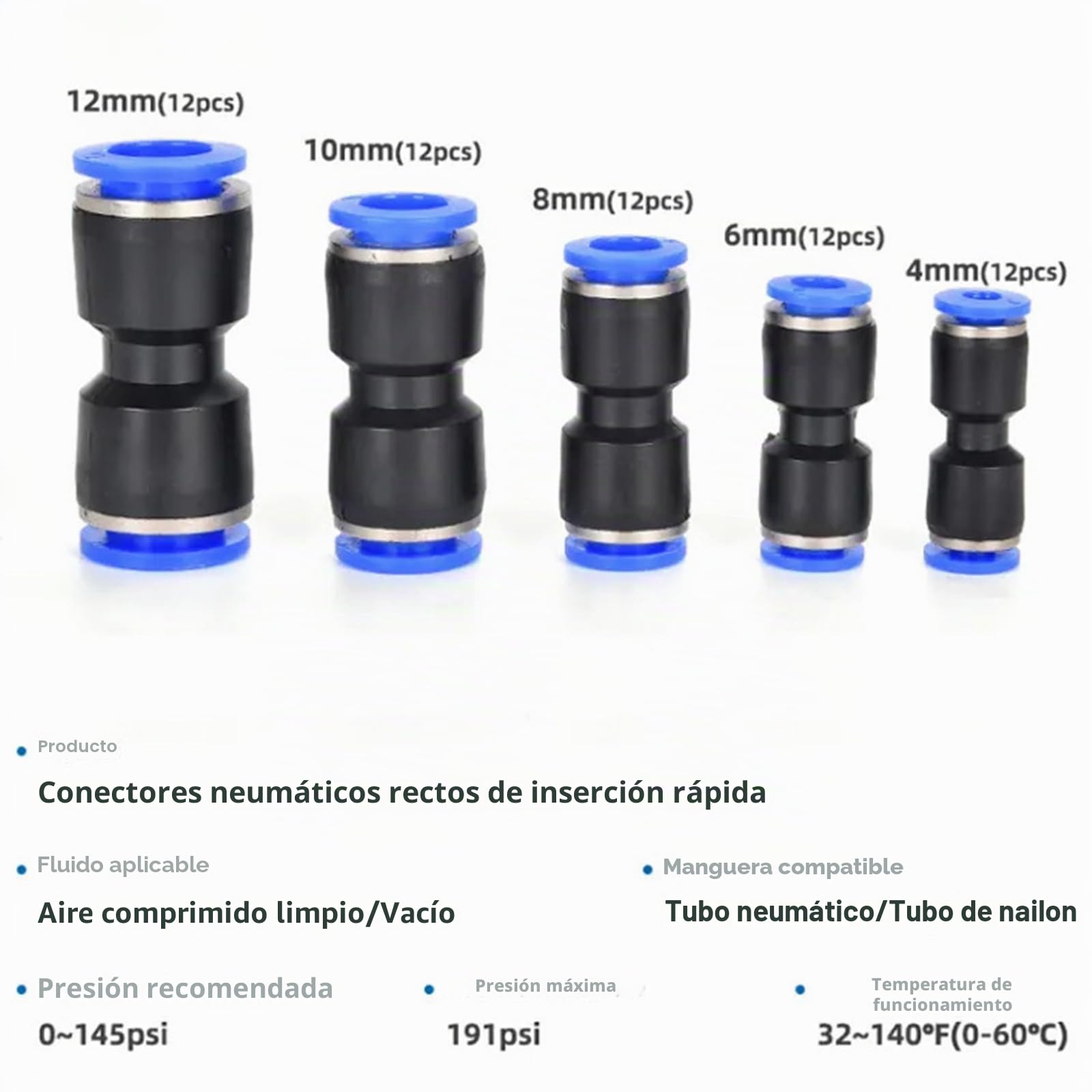 60 Piezas Conectores de Empuje Recto Rápidos para Manguera de Aire Neumática - Conexiones Plásticas para Tubo 4mm/6mm/8mm/10mm/12mm