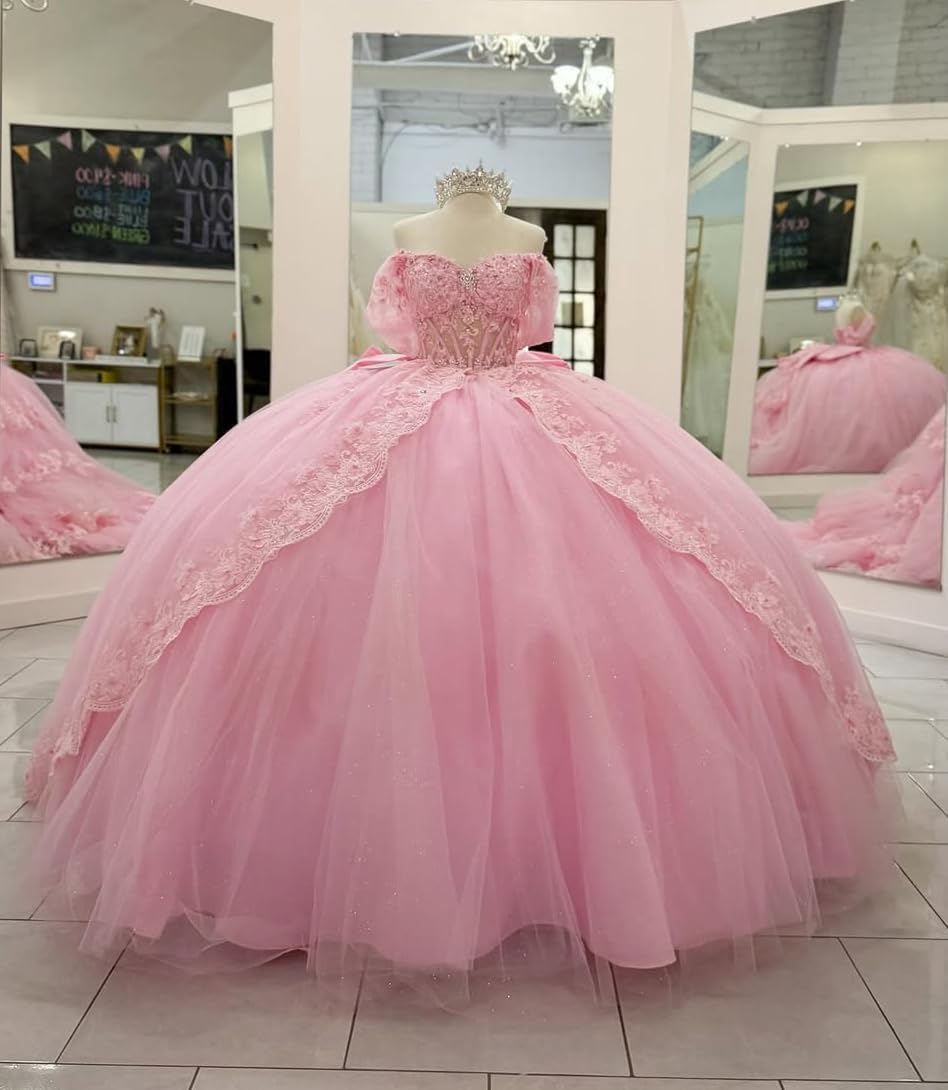 Mouccy Tiered Lace Quinceanera Dresses with Train 3D Flowers Sweet 16 Dress Puffy Beaded Party Evening Ball Gown with Bow