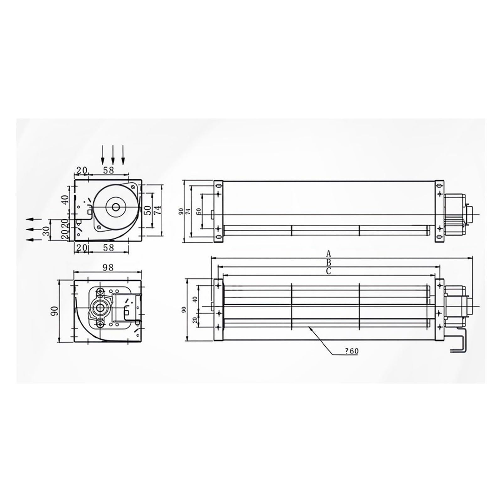 Ventilador de flujo cruzado, ventilador tangencial de 220 V serie PF-60 | Soplador industrial de flujo cruzado con cubierta protectora(PF-60120AC120V/60Hz)