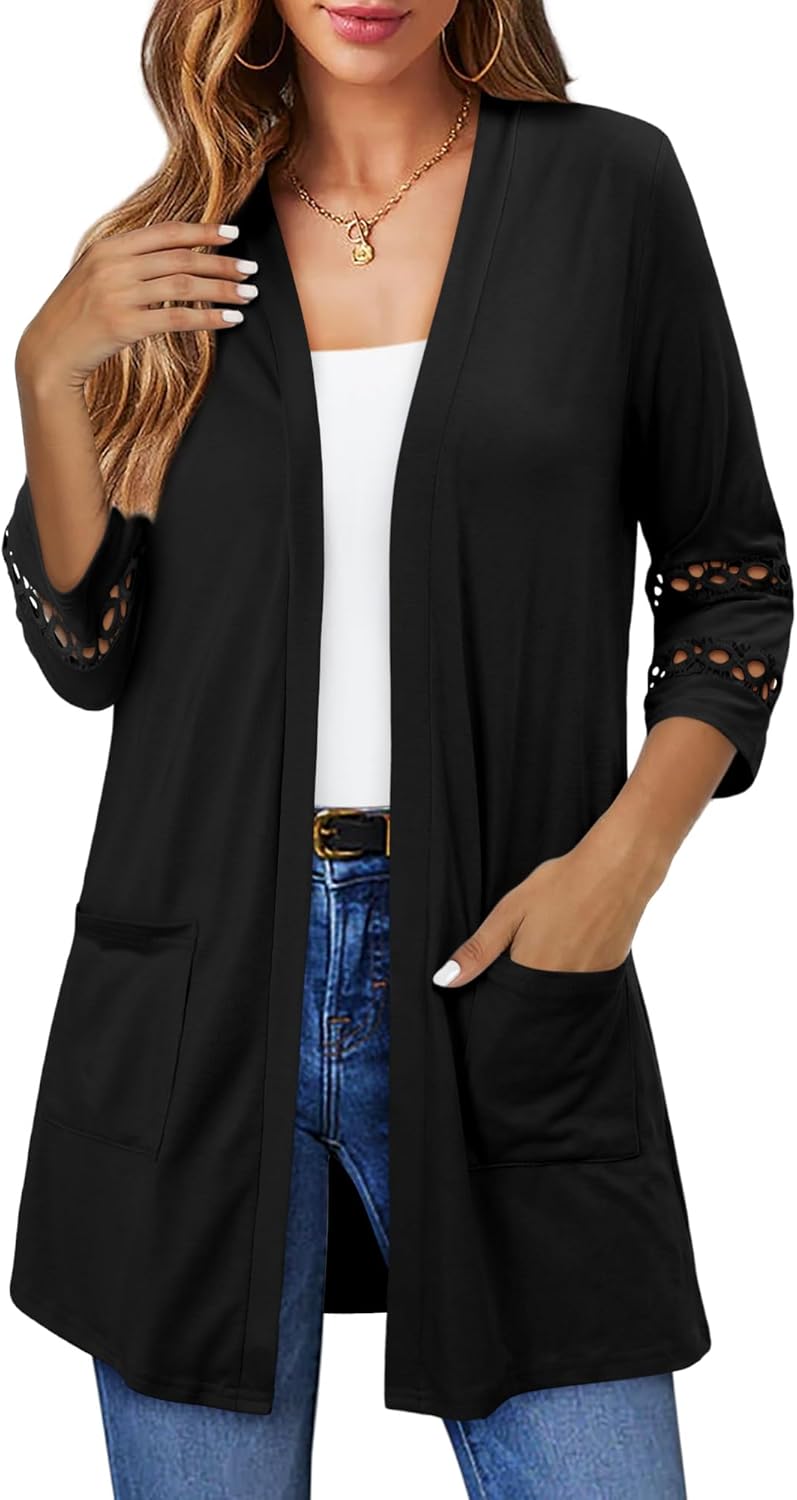 Womens Cardigan 3/4 Sleeve Casual Lightweight Cover Up Open Front Cardigans S-3XL