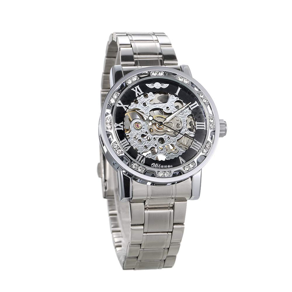 Andoer Men Automatic Watch Fashion Diamond Display Luminous Hands Gear Movement Retro Mechanical Skeleton Watches Luxury Casual Business Wristwatch