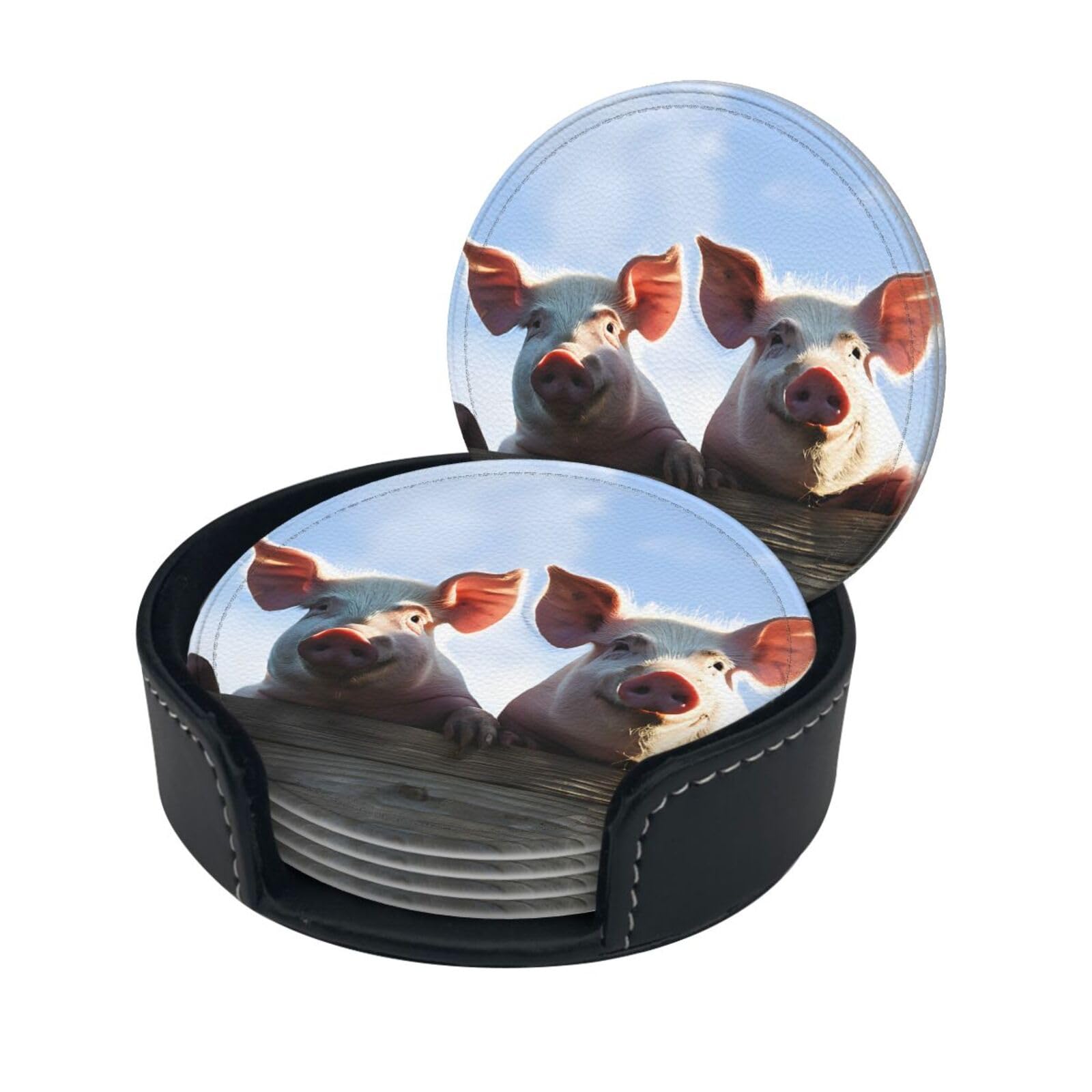 Funny Pig Print Coaster,Round Leather Coasters with Storage Box for Wine Mugs,Cold Drinks and Cups Tabletop Protection (6 Piece)