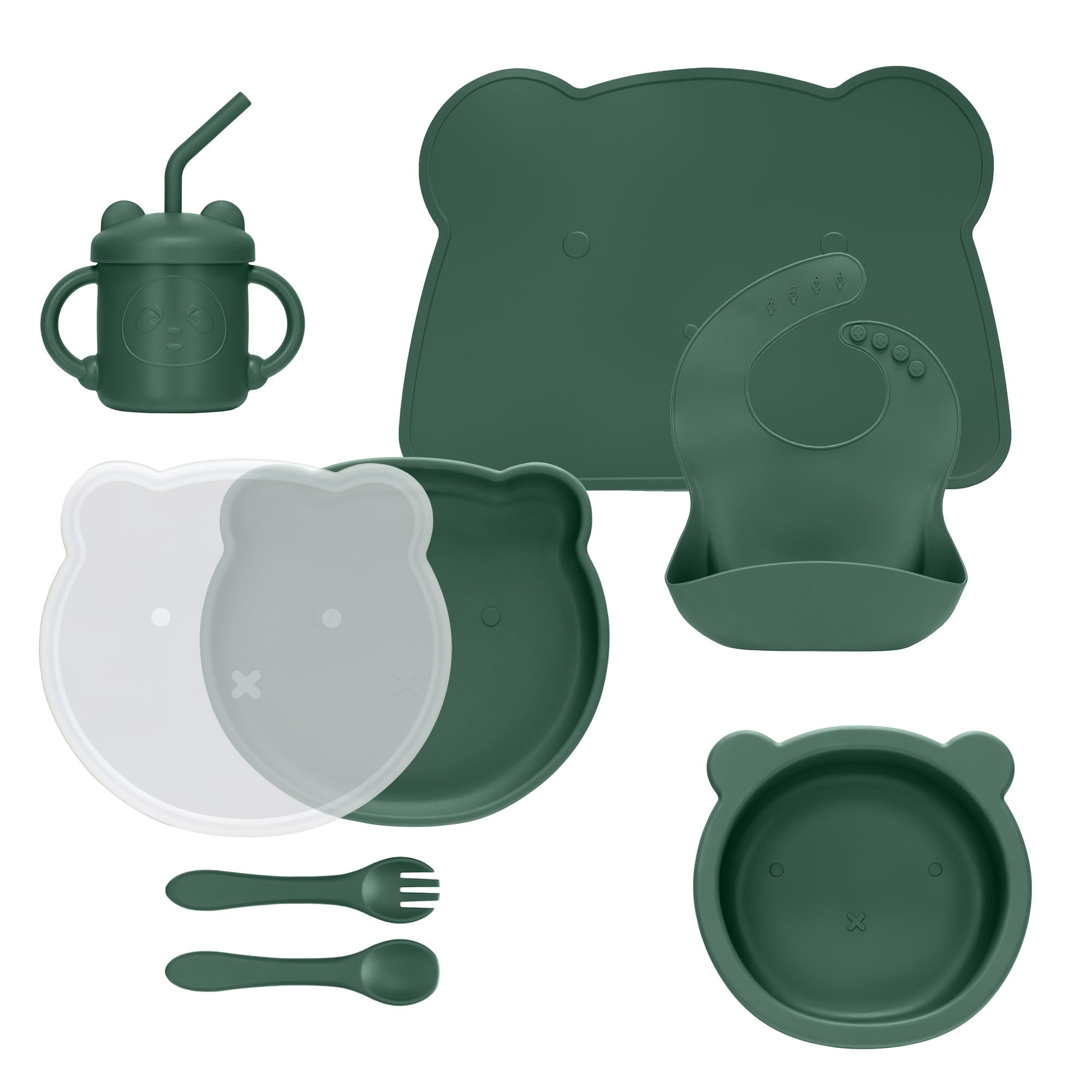 MOJINL Baby Geschirrset Edelstahl mit Saugnapf, 6 Stück Edelstahl Kindergeschirr Set mit Babyteller, Trinklernbecher, Baby Lätzchen mit Ärmeln, Baby Löffel Gabel Schüssel, BPA Frei (Grün)