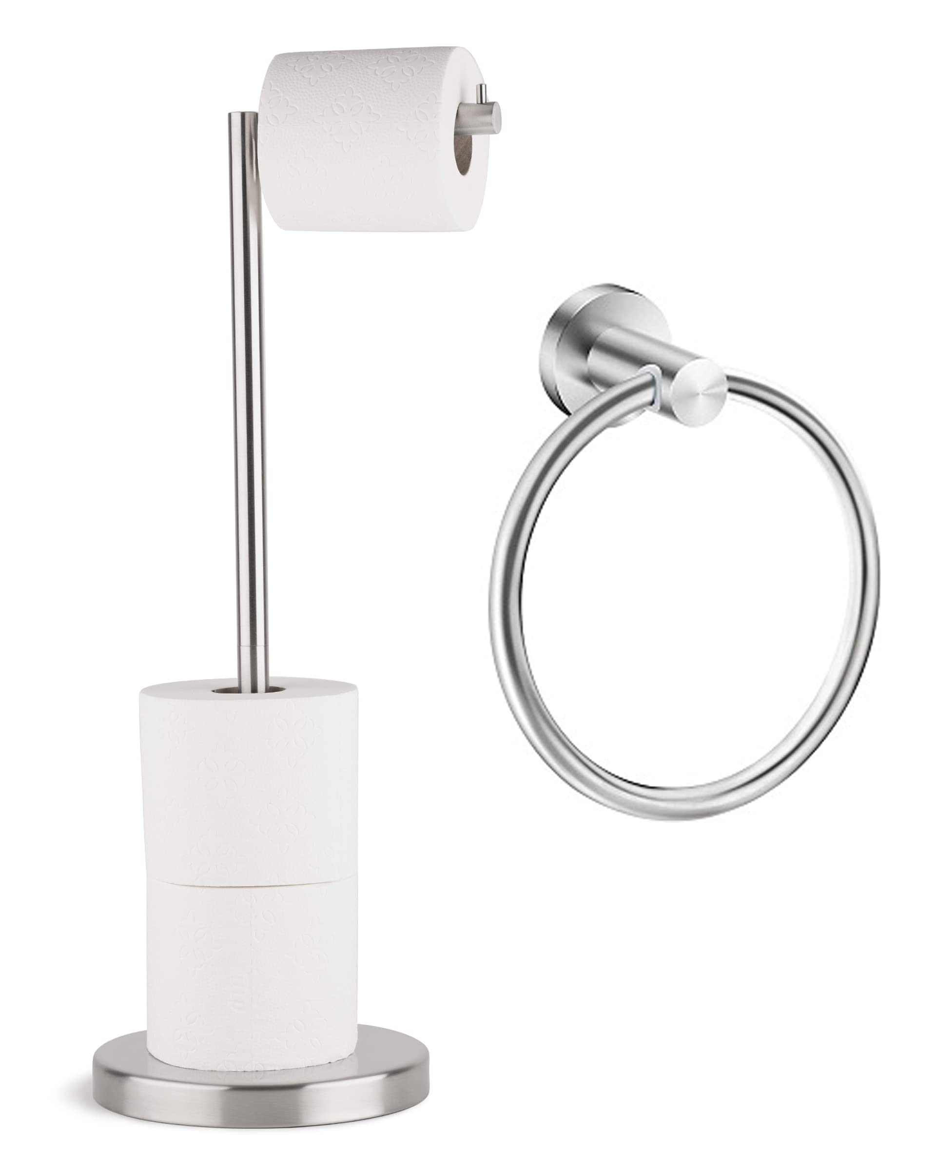 MARMOLUX ACCBrushed Towel Ring for Bathroom - Modern Hand Towel Holder and Free Standing Toilet Paper Holder Stand in Brushed Steel Finish