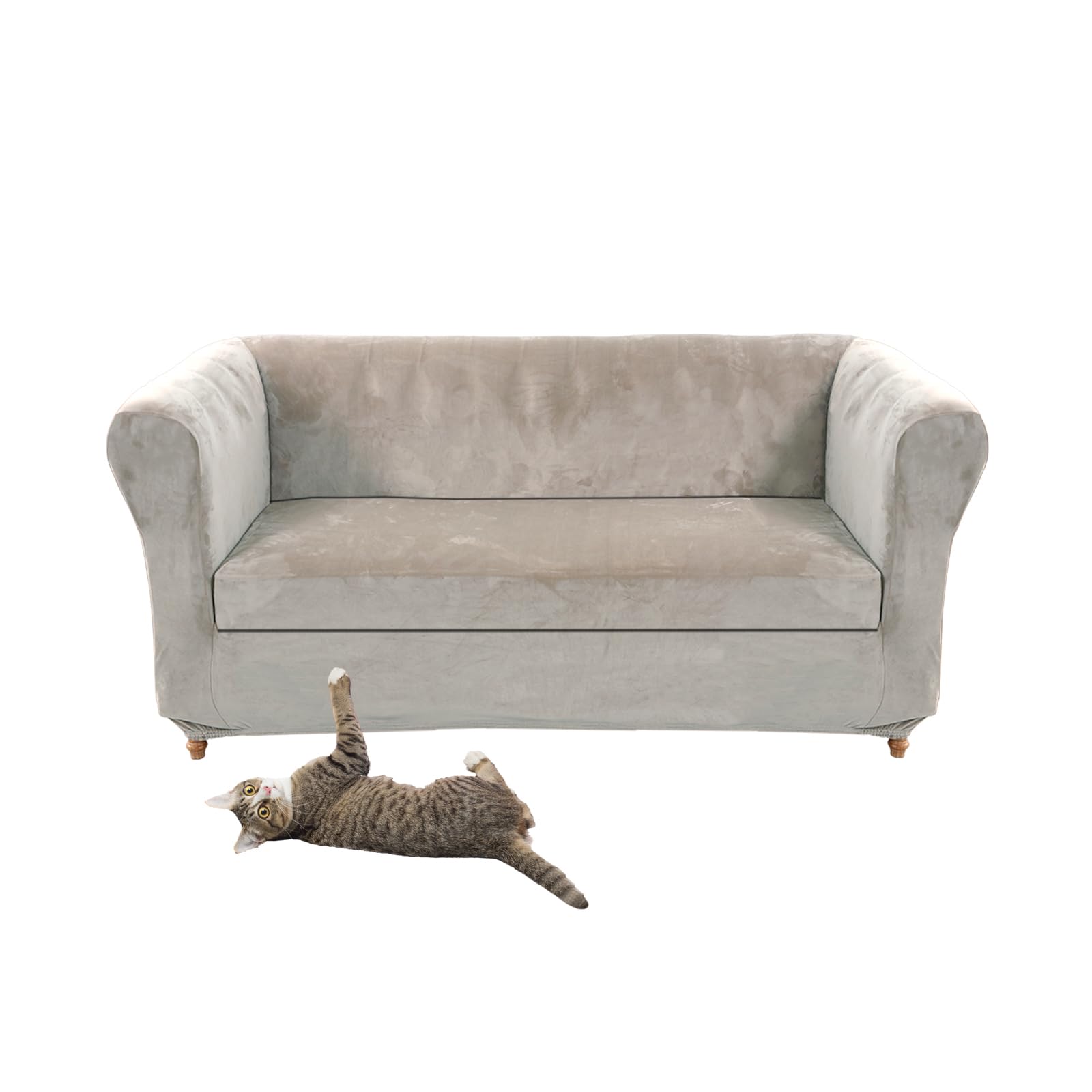 SYLC Stretch Velvet Chesterfield Sofa Cover, Couch Cover with Seat Cushion Cover for Curved Settee Armchair Vintage Style (Light grey,Sofa+1pc Large 3-Seat)