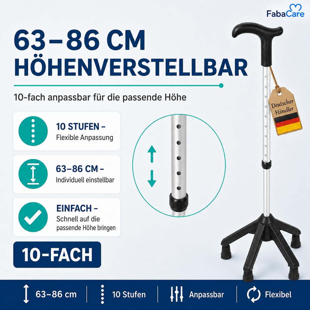 FabaCare Vierfuß Gehstock Quadro mit anatomisch geformten Griff, Vierfußgehstütze, Vierfußgehhilfe, Gehhilfe, Gehrahmen bis 100 kg