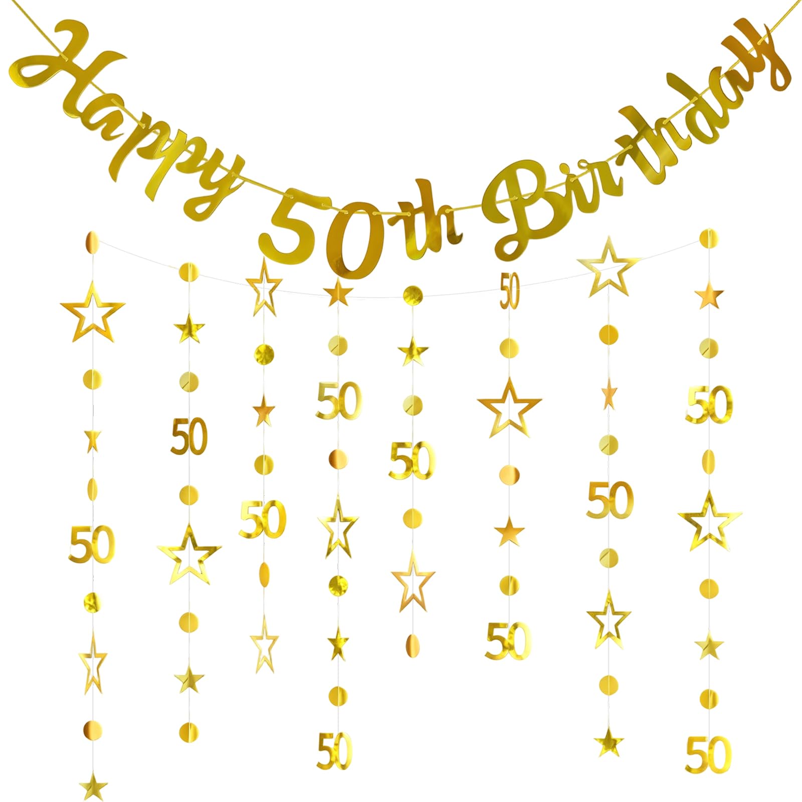 Daxiangsheng 50th Birthday Banner Star Garland Set, Gold 2Pcs