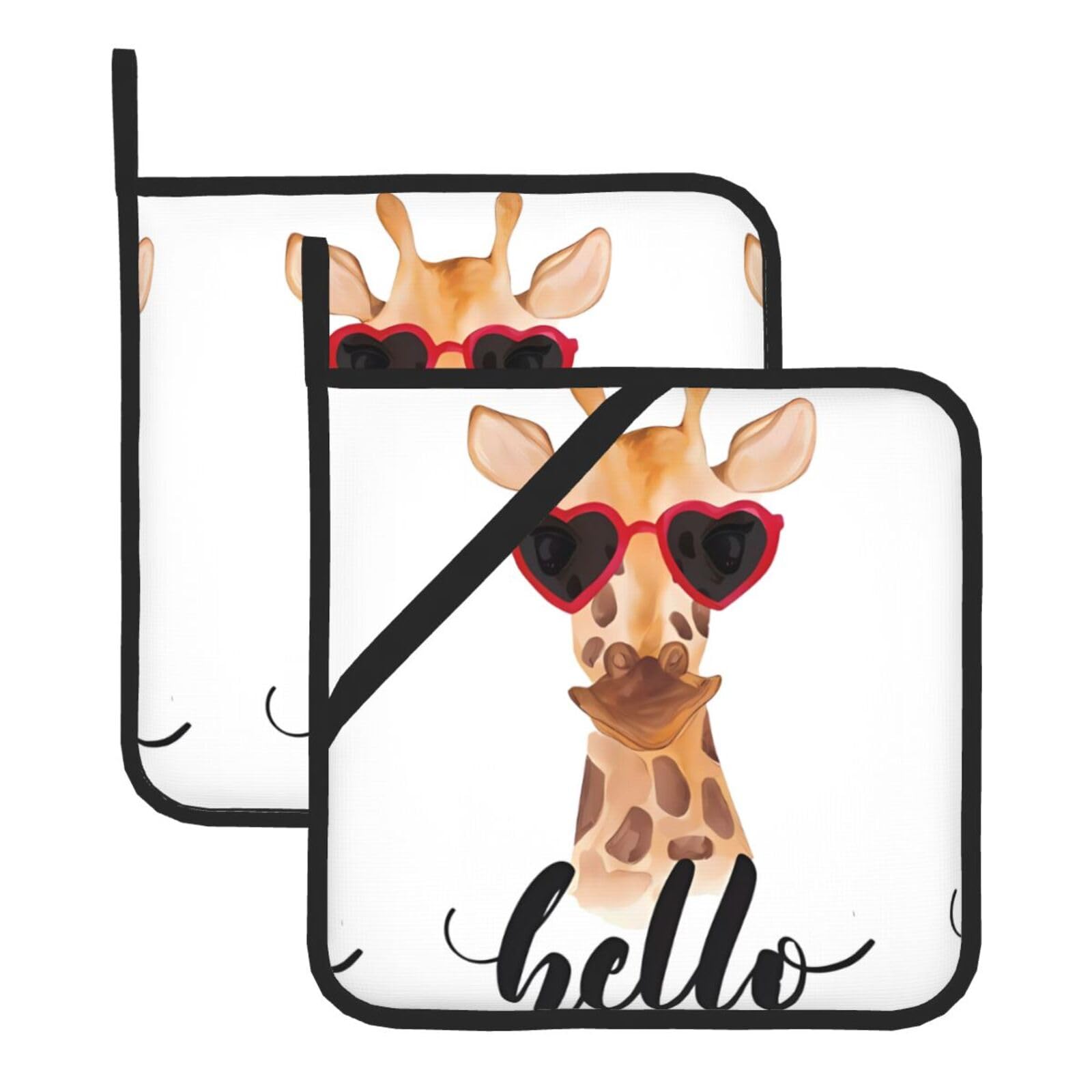 WHJSSF Giraffe Prints Square Hot Pads for Kitchen Counter - Waterproof Trivets with Hanging Loop, Thick Pot Covers for Serving, Oven & BBQ - Set of 2 (1 with Pocket)