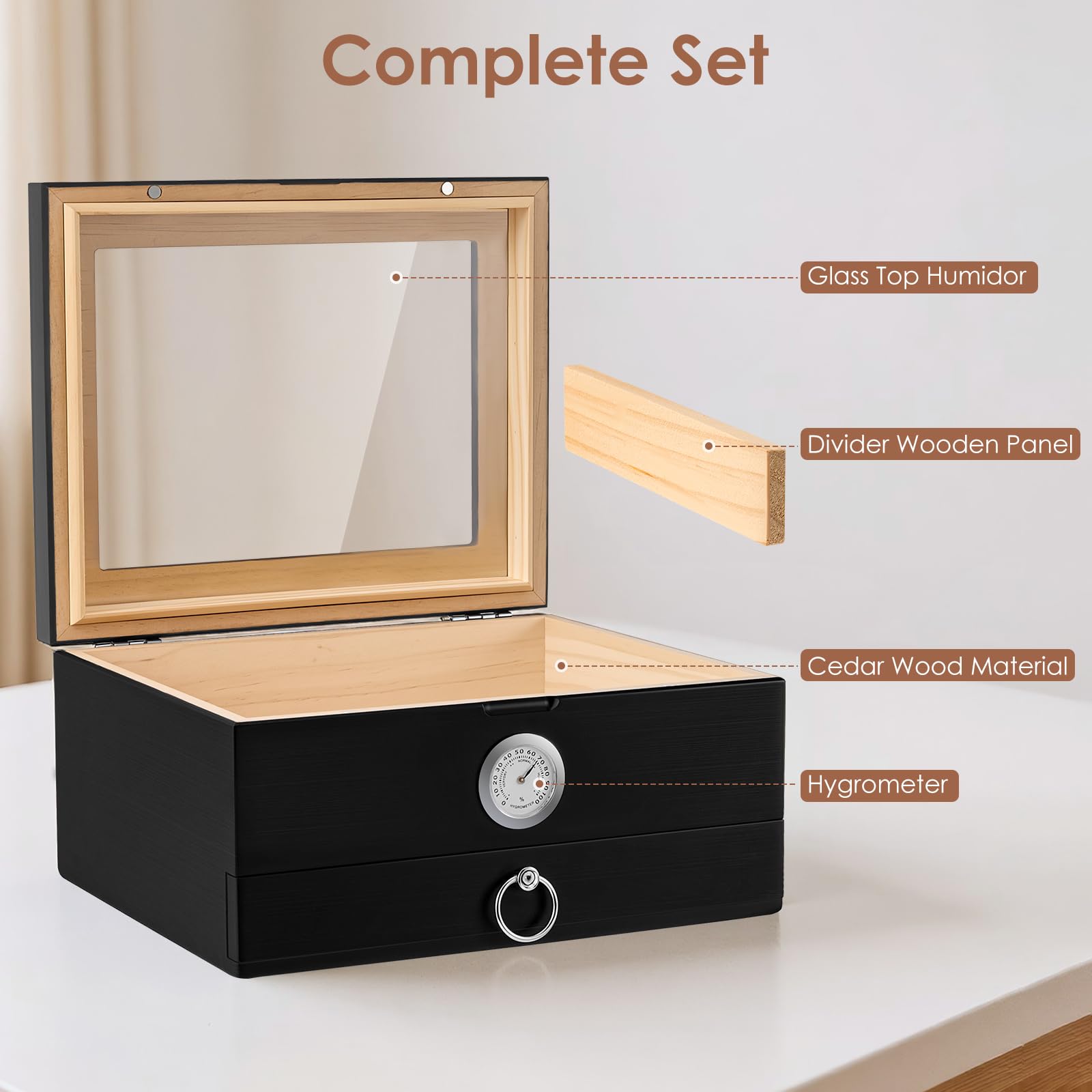 Umidificatore per sigari con coperchio in vetro in legno di cedro, da scrivania con igrometro digitale e accessori cassetto – Conservazione per 20-35 sigari, regalo per gli amanti dei sigari