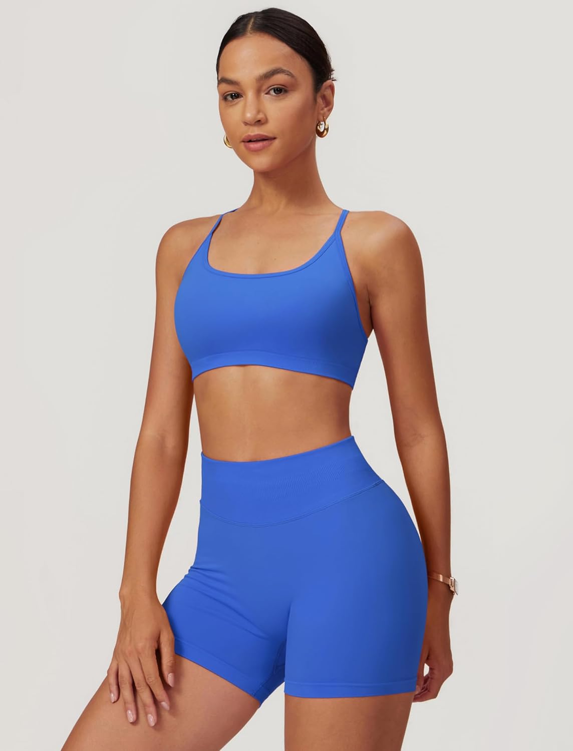 ABOCIW 2 Piece Seamless Workout Sets for Women Scoop Neck Strappy Sports Bra Scrunch Butt Lifting Gym Impact Shorts