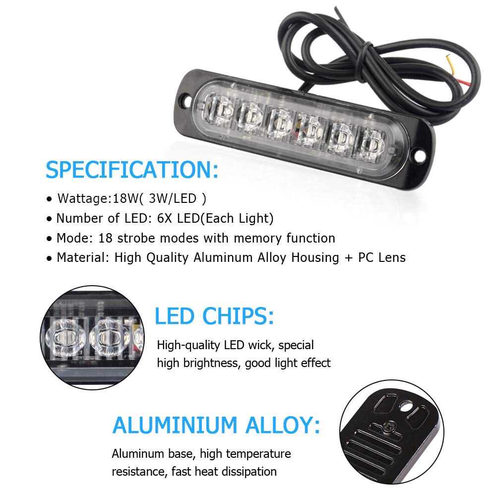 4pcs 12-24V Ultra Sottile Lampeggiante Emergenza Avvertimento Strobo Luci Luce - 6LEDS Flash Warning Light Bar - Auto Moto Truck-Blu