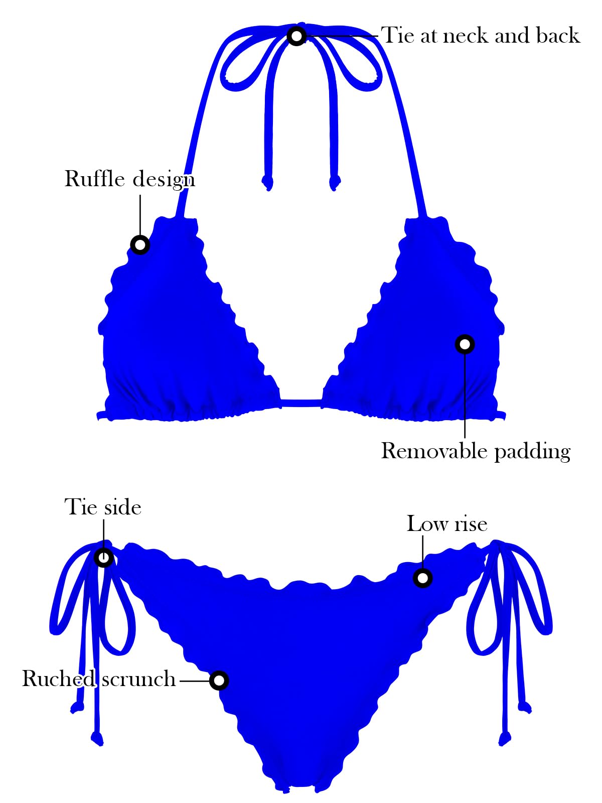RELLECIGA Padded Ensemble de Bikini Femme | Taille basse, cravate sur le côté, dos froncé, rembourrage amovible, dos nu, doublure complète, vêtement de plage brésilien