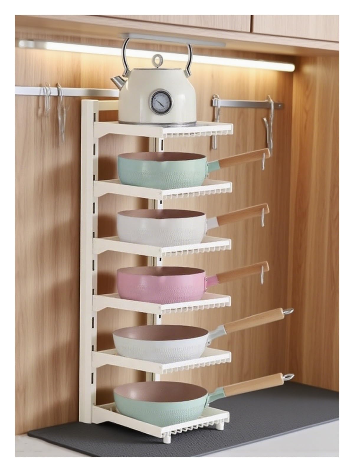 Organizzatore per pentole e padelle per sotto l'armadio, verticale, resistente, regolabile, staccabile, con piedini antiscivolo