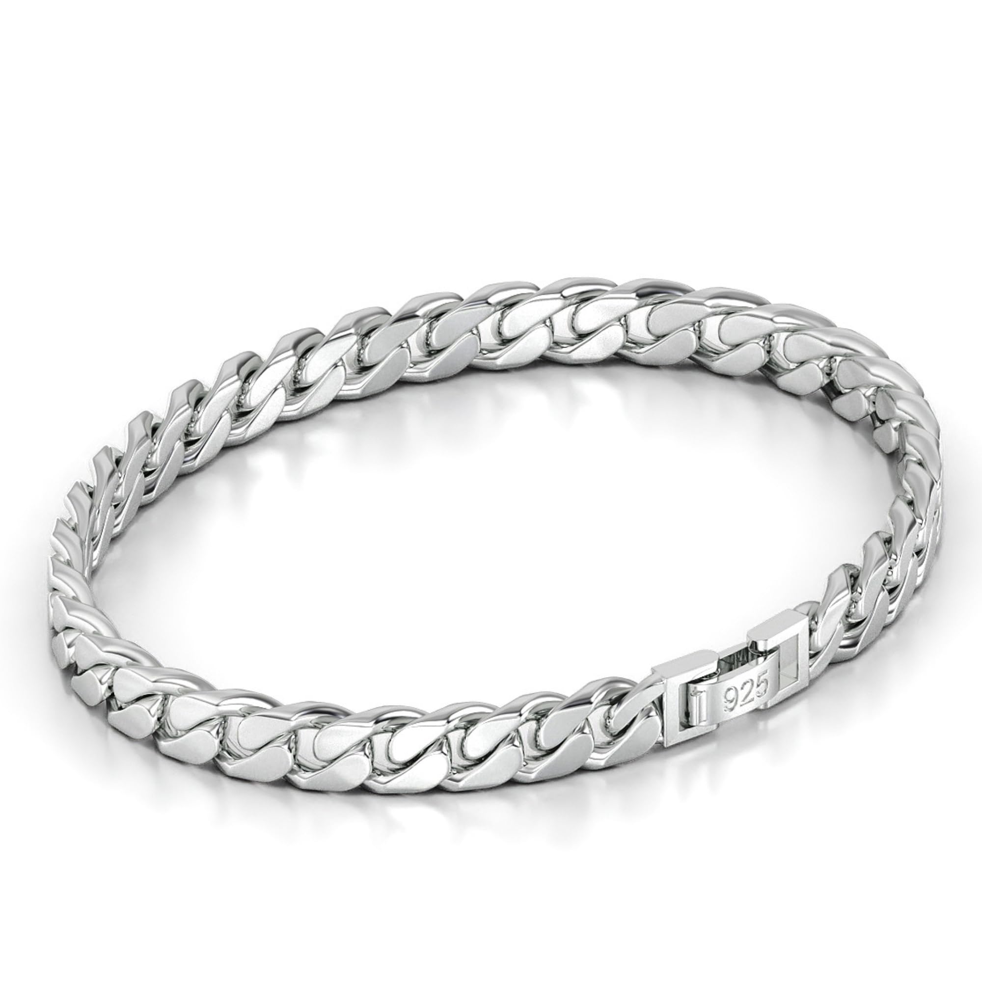 Jewellbox Mens Solid s925 Sterling Silver Cuban Link Chain Bracelet with Secure Clasp 7mm