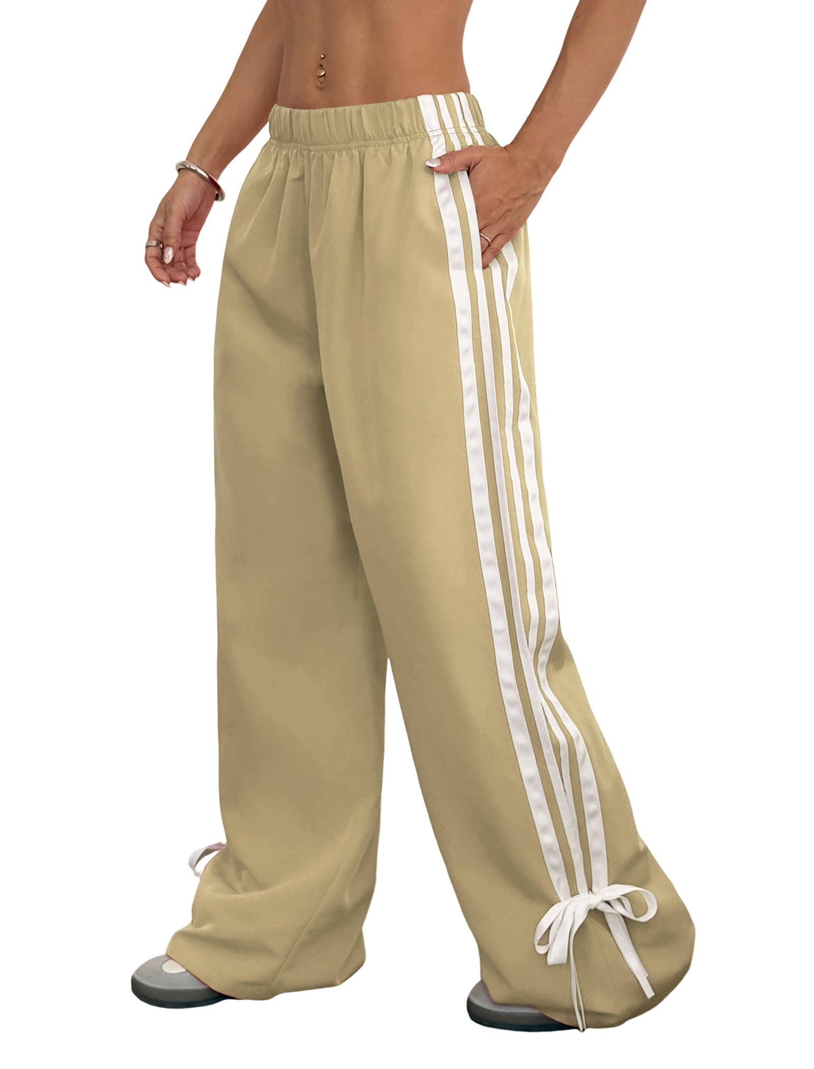ZAFUL Womens Side Striped Pant Baggy Wide Leg Sweatpants Elastic Waisted Contrast Stripes Loose Fit Trousers