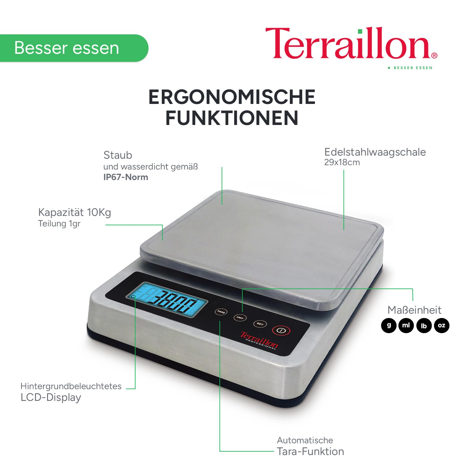 TERRAILLON - PRO 10 – Professionelle elektronische Küchenwaage, groß, abnehmbarer Tablett, Edelstahl, 29 x 18 cm, IP67, Kapazität 10 kg, Skala 1 g, LED-Display mit Hintergrundbeleuchtung – Edelstahl