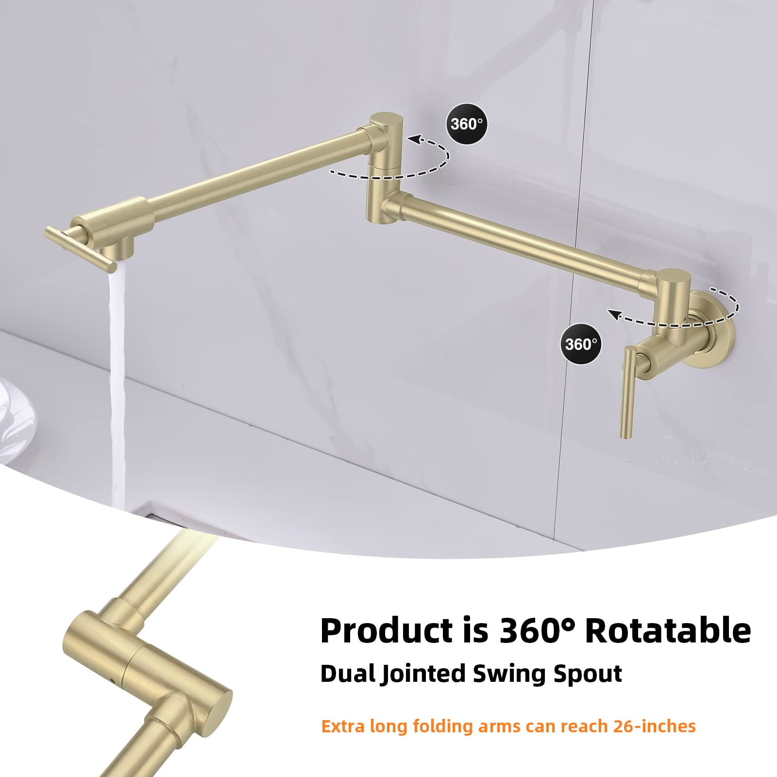 Grifo de llenado de olla de oro cepillado de acero inoxidable comercial montaje en pared grifo del fregadero de cocina plegable estirable con un solo agujero dos asas