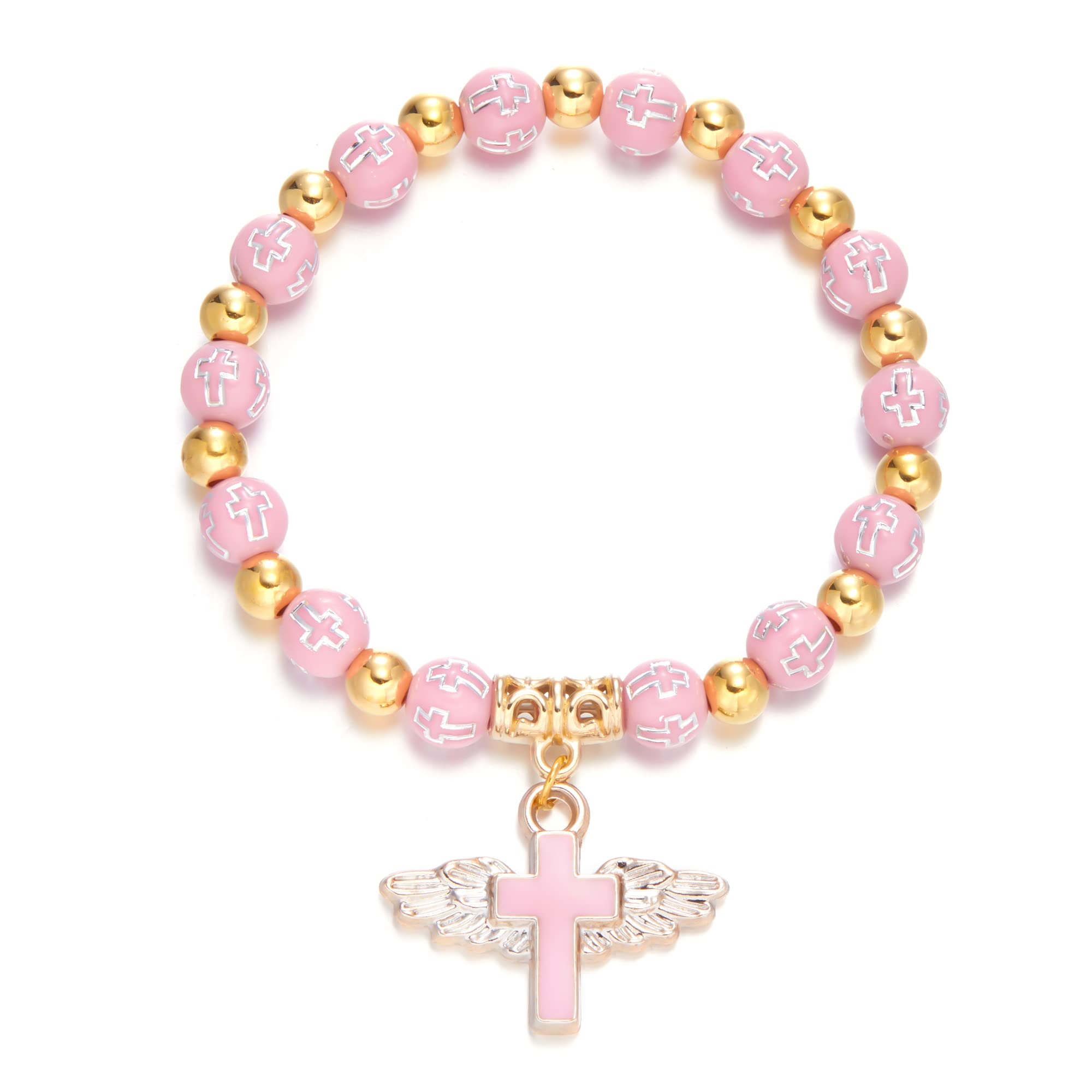 RINHOOFirst Communion Bracelet Gifts for Girls, Pink Pearl and Rhinestone Balls Adjustable Holy Communion Bracelets