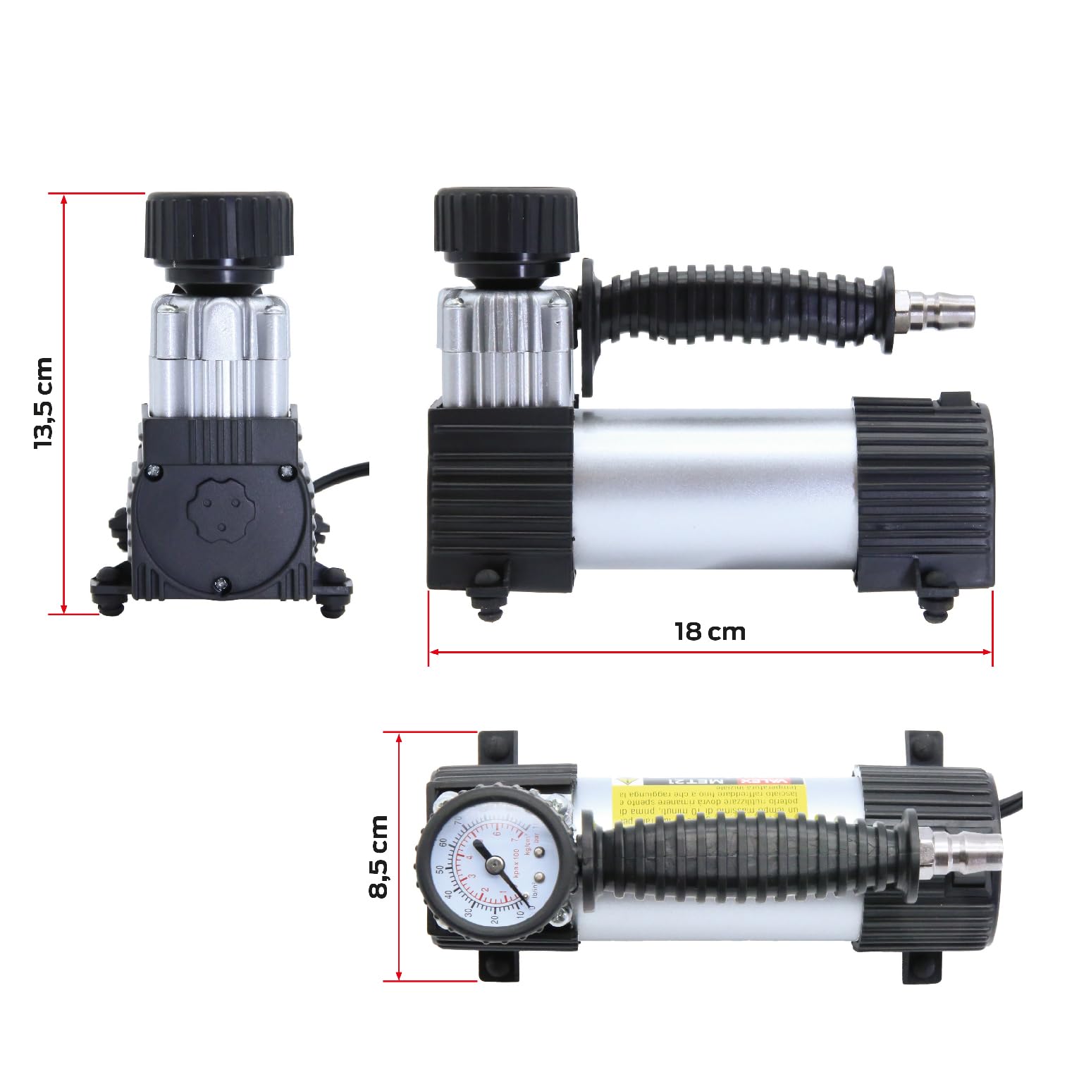 Valex Minicompressore MET21 12V da Auto – 7 Bar, Pistone 30 mm, Corpo in Metallo, Presa Accendisigari, con Manometro e Kit Ugelli