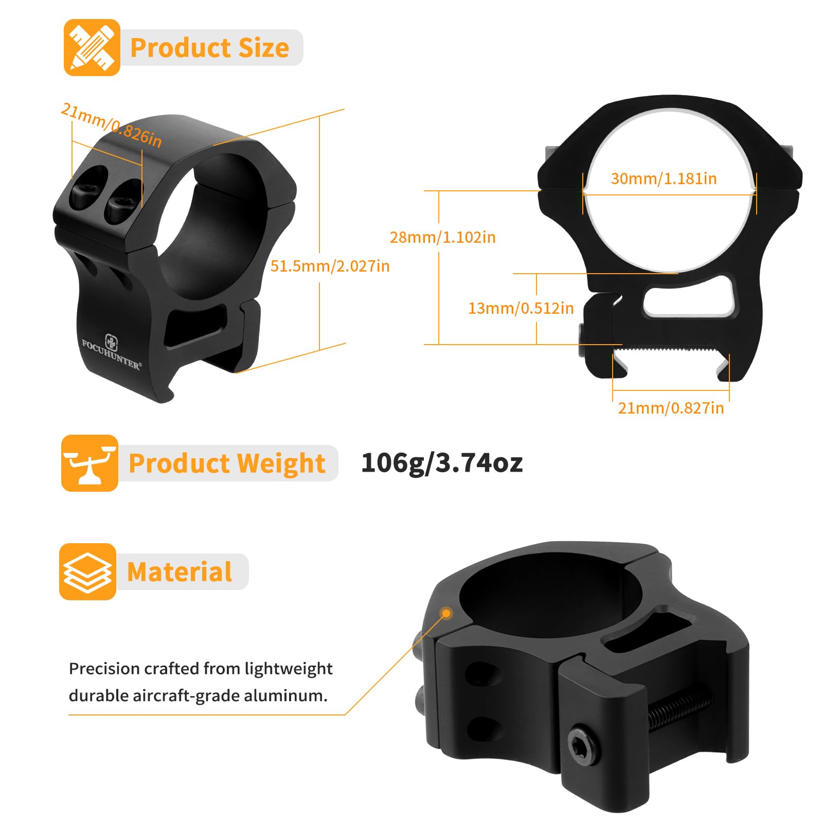 Anelli di Montaggio per Telecamera Monoculare da 30 mm / 1,18'' Anello di Montaggio per Telescopio a Profilo Medio in Alluminio Leggero Anodizzato Nero per Binari da 20 mm Doppio Anello per