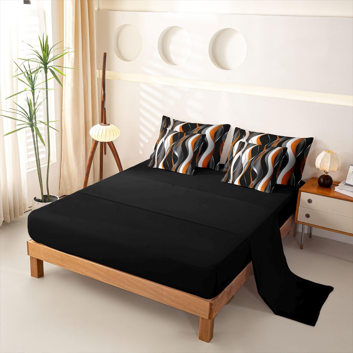 Loussiesd Juego de funda de edredón de 7 piezas, diseño geométrico en espiral, color naranja, gris y negro, juego de ropa de cama con funda de edredón, sábanas, fundas de almohada y fundas de cojín