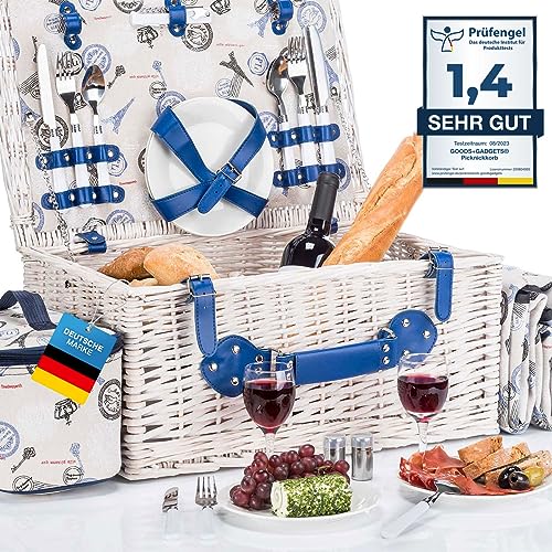 Picknickkorb für 4 Personen - Luxus Weidenkorb für Picknick mit Picknickdecke und Kühltasche