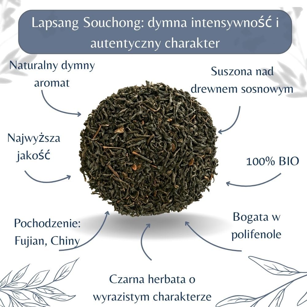 Organiczna wędzona herbata Lapsang Souchong – sypana czarna herbata wegańska, w 100% naturalna, bez GMO – z upraw ekologicznych – pakowana we Francji – woreczek 200 g (100 filiżanek)