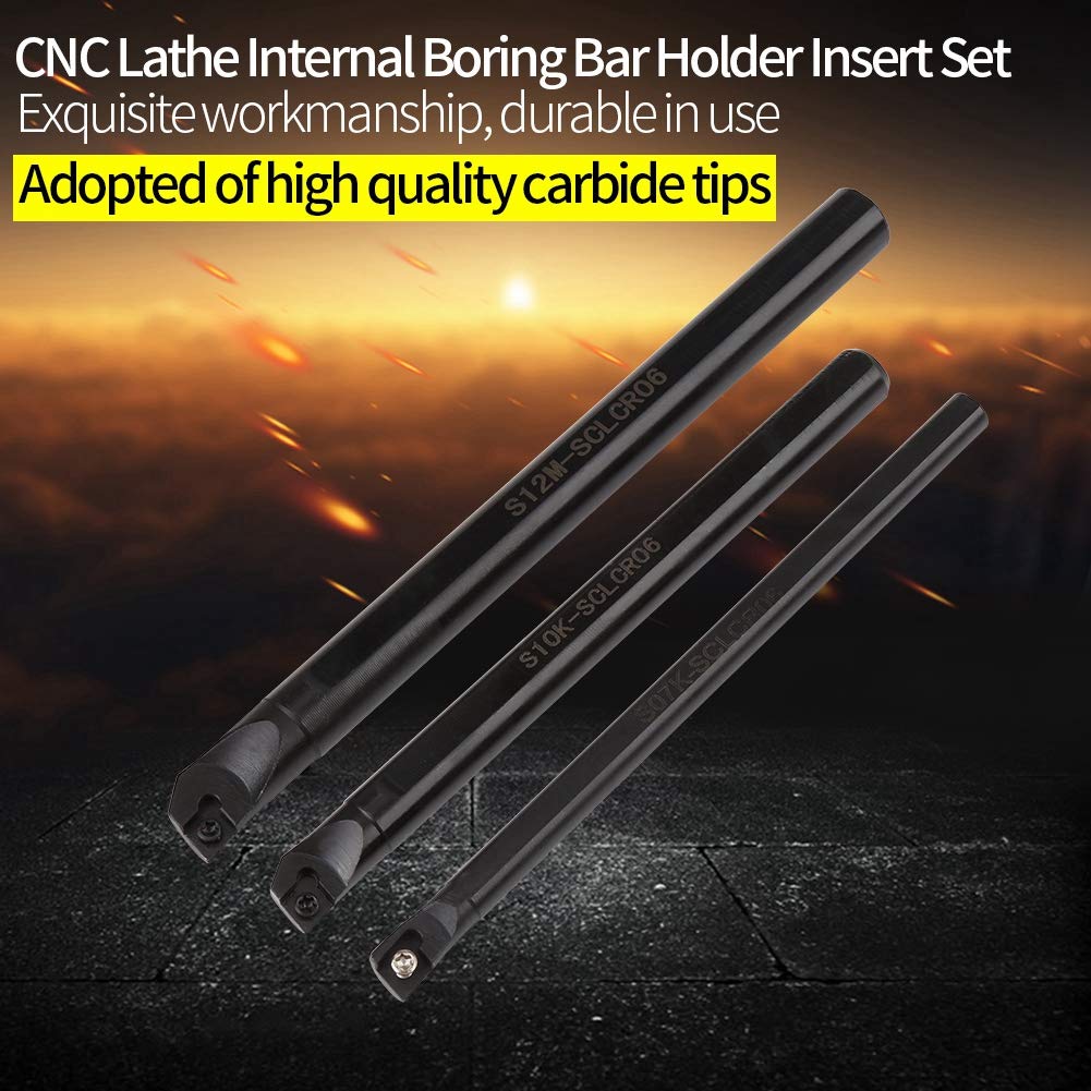 CNC Soporte de torno Herramienta de torneado Barra aburrida 3pcs S07K-SCLCR06 S10K-SCLCR06 S12M-SCLCR06 + 10 piezas CCMT0602 Insertos + 3pcs Llave Inglesa (Size1)