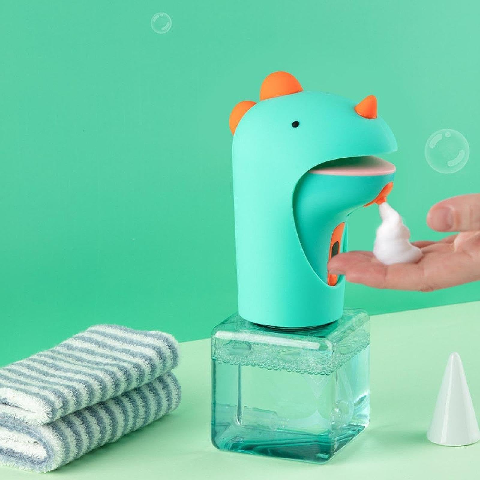 Dispenser Sapone Automatico Schiumogeno Bambini Dino Cartone Animato Finestra Visiva Sensore Igienico Adatto per Bagno Cucina Regalo Bambino, Verde