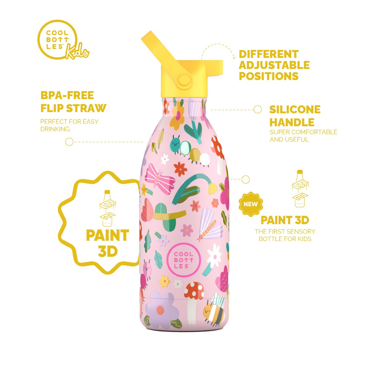 Cool Bottles - Bottiglia d'acqua in acciaio inox per bambini, bottiglia termica per bambini - Bevande fredde per 36 ore e calde per 18 ore- Bug Life 500ml