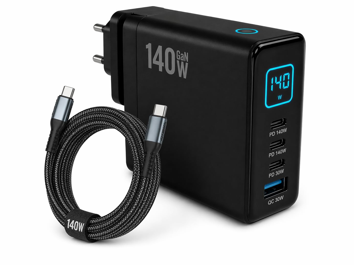Cargador USB-C de 140 W con pantalla, 2 puertos USB-C 140 W PD3.1, 1 PD3.1 de 30 W + 1 cargador rápido USB-A QC 3.0 de 30 W para ordenador portátil, MacBook, iPhone, Samsung, incluye cable USB-C de 2