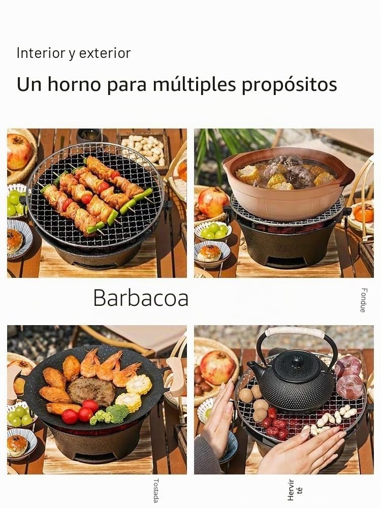 Parrilla de carbón de hierro fundido, estufa portátil de camping, parrilla de barbacoa portátil, pequeñas parrillas de carbón, estufa de camping - Hierro fundido, duradera (28 cm)