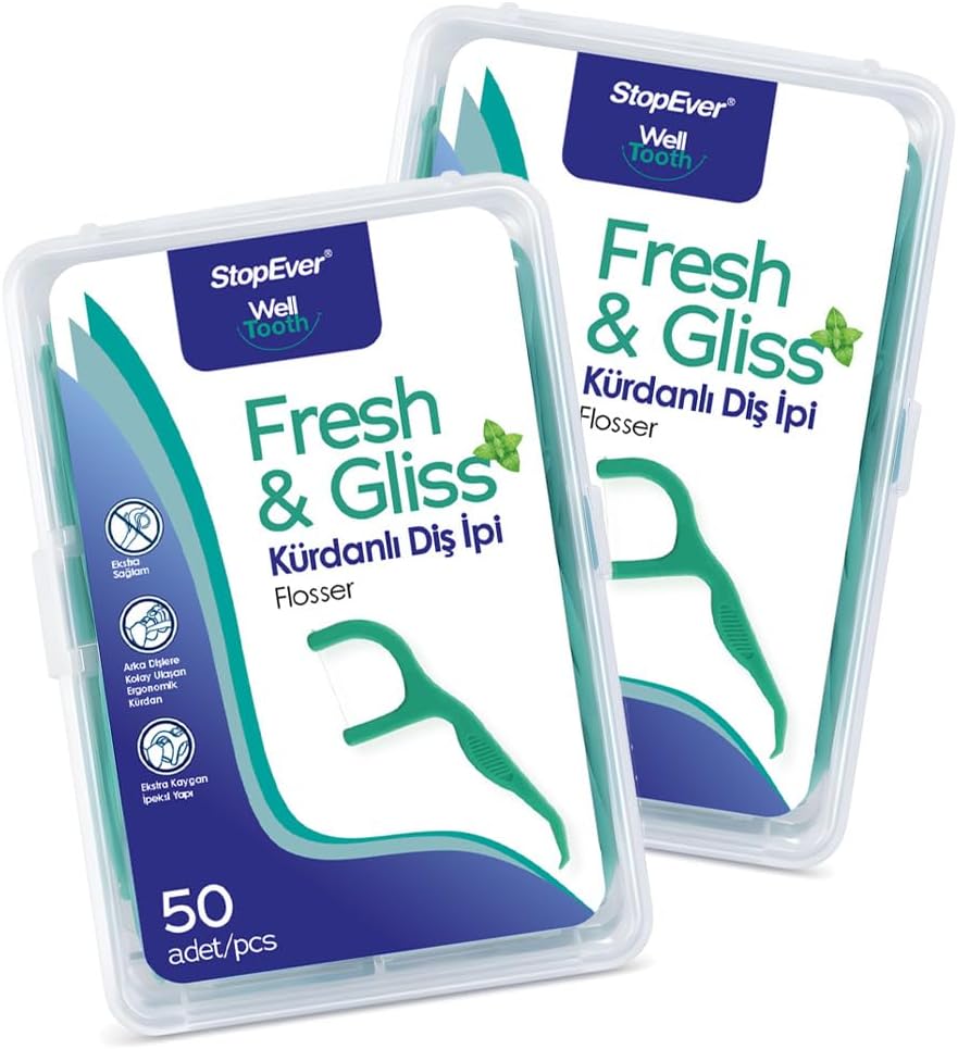 StopEver Fresh & Gliss Kürdanlı Diş İpi 2'li Paket (100 Adet) | Nane Aromalı | Diş Arası Temizliği, Ağız Hijyeni ve Günlük Kullanım için İdeal | Plastik Kutulu ve Taşıma Kılıflı Hediyeli
